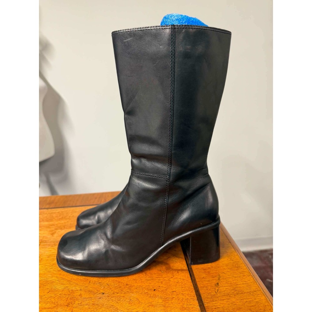 Vtg 90s Womens 8.5 Black Leather Boots Square Toe Block Heel Mid-Calf Zip